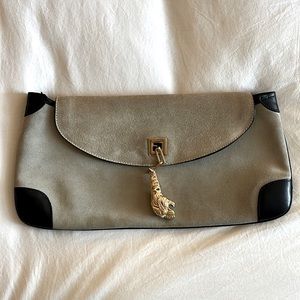 Gucci Gray and Black Suede Clutch with Gold Tiger Charm